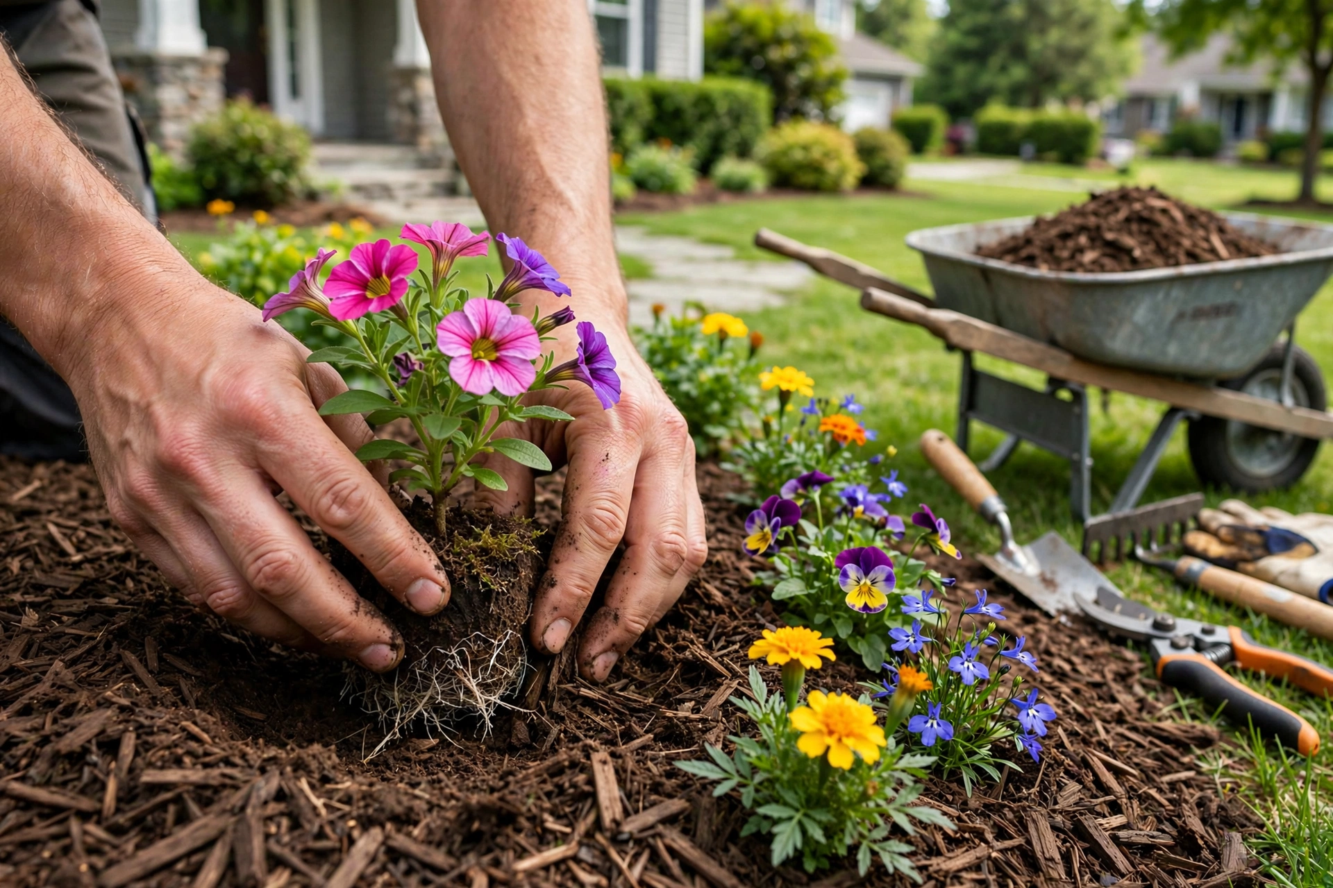 Landscaper planting flowers in a mulched bed